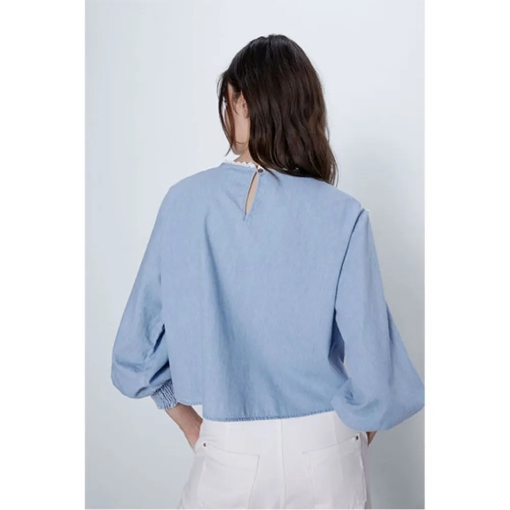 Zara Oversized Embroidered Denim Shirt Blouse Size Medium A13 - Image 3