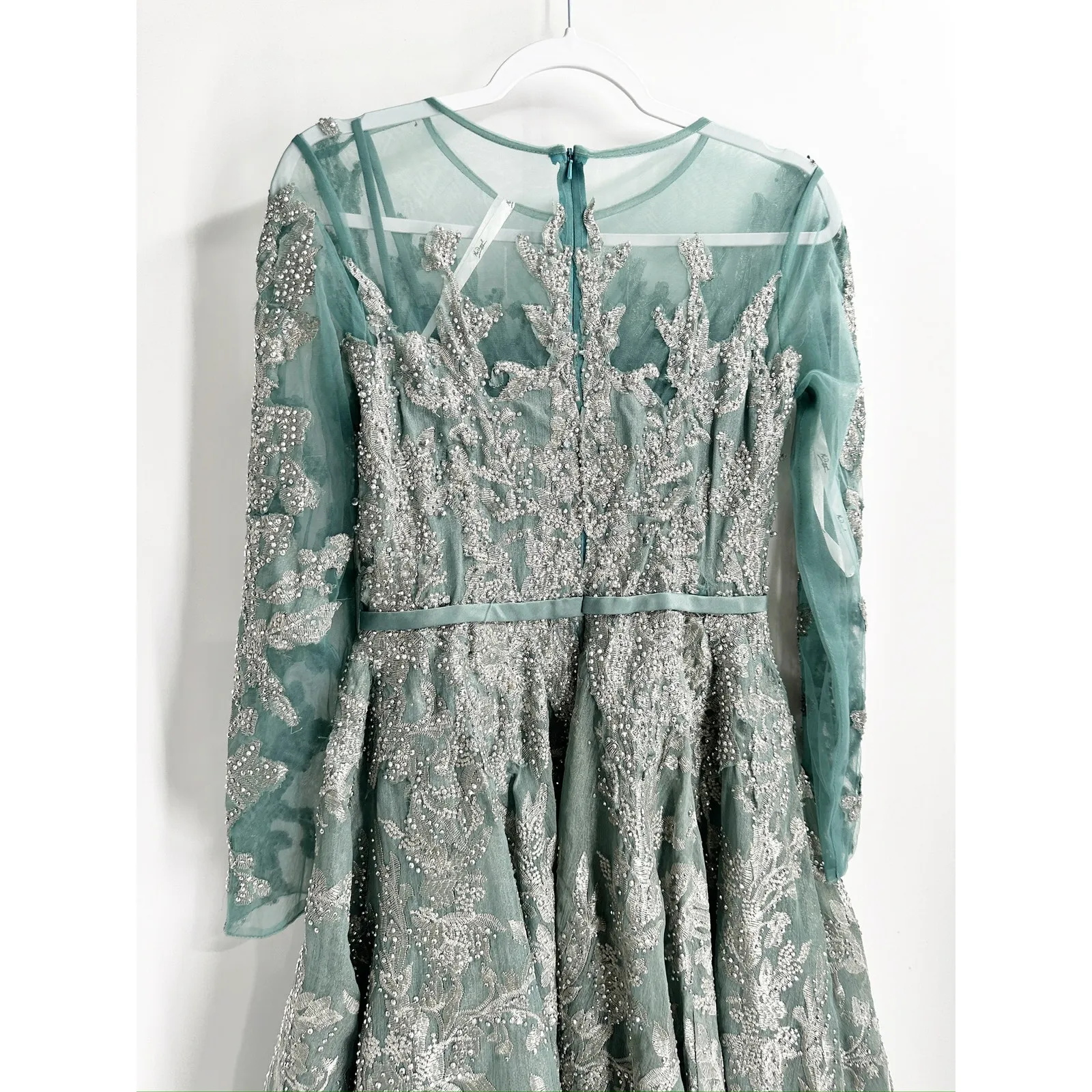 Mac Duggal 20337 Jade Green Bow Belt Lace Beaded Gown Dress 2 NEW - Image 5