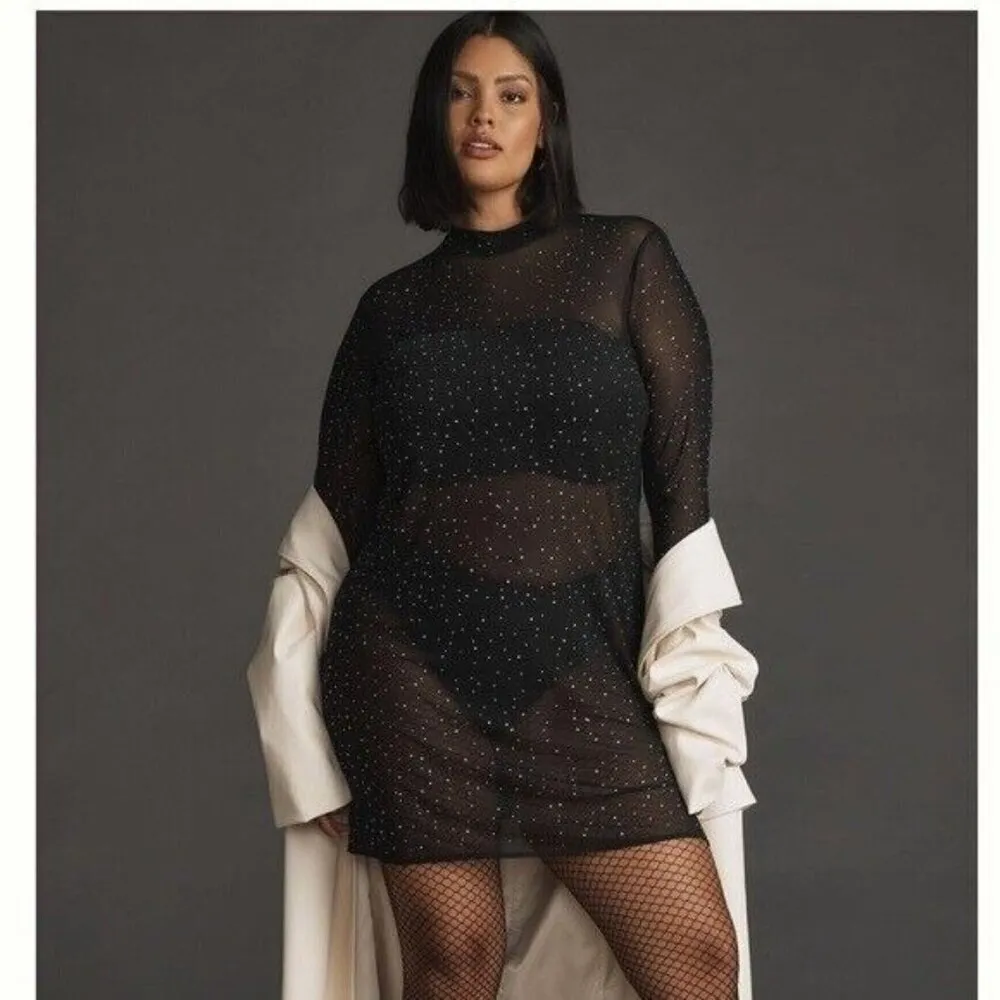 ANTHROPOLOGIE Eva Franco Starlight Long Sleeve Sheer Rhinestone Tunic Size XSP Black - Image 4