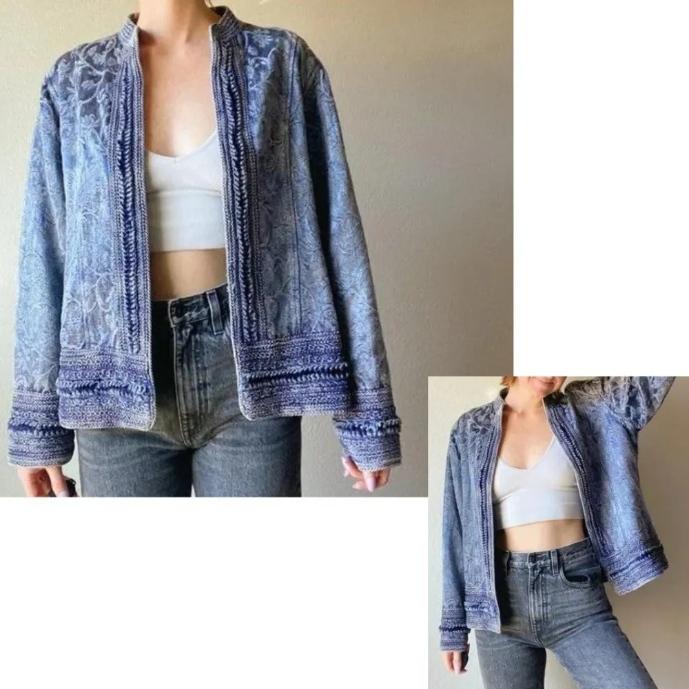 Coldwater Creek Blue Shiny Embroidered Jacquard Open Front Jacket Blazer Med/Lg - Image 2