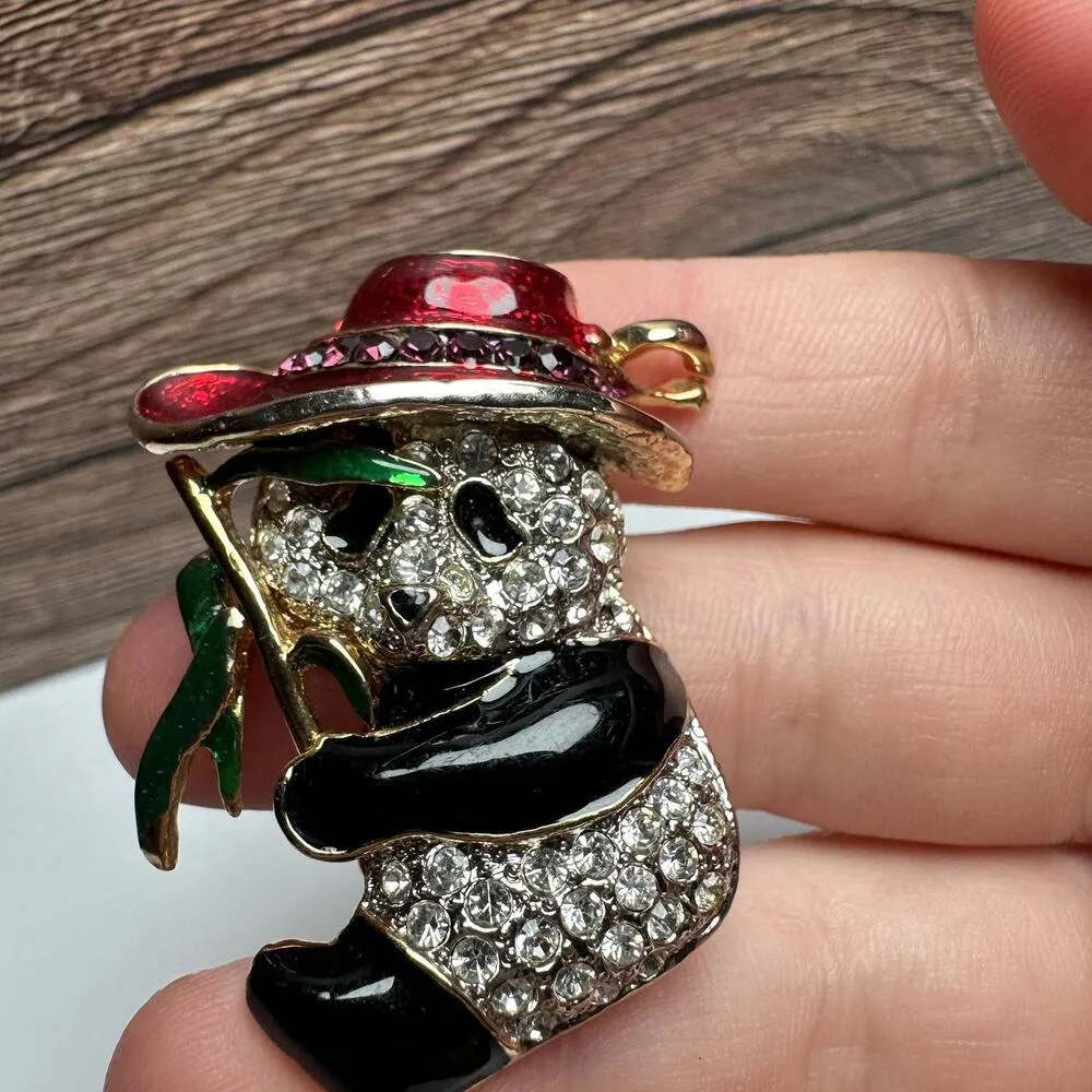 Panda Bear In Red Hat Brooch Pin Rhinestone & Enamel Scarlett O’Hara Gold - Image 6