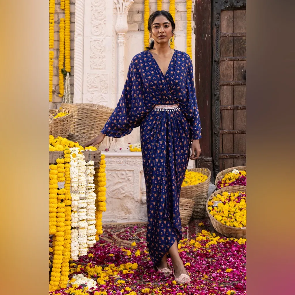 Chhavvi Aggarwal Kaftan Embroidered Beaded Dress in Royal Blue - Image 9