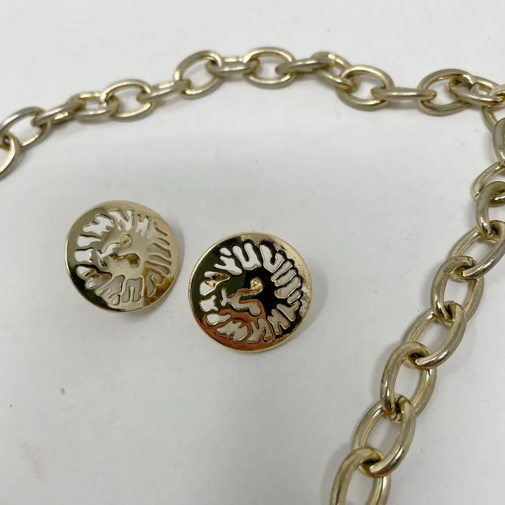 Vintage 80s 90s Anne Klein Gold Chain Lion Cutout Necklace Clip Earrings Set - Image 2