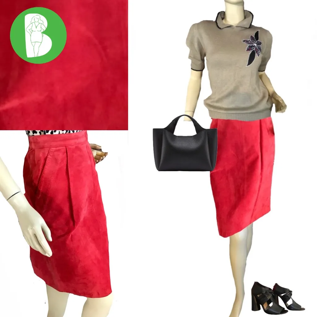 VINTAGE 1980'S TOFFS RED SUEDE PENCIL SKIRT (12) - Image 2