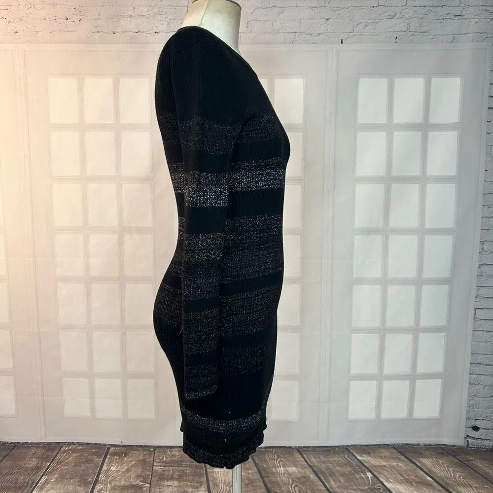John + Jenn Black and Silver Grey Striped Ribbed Bodycon Long Sleeve Dress Size - Image 6