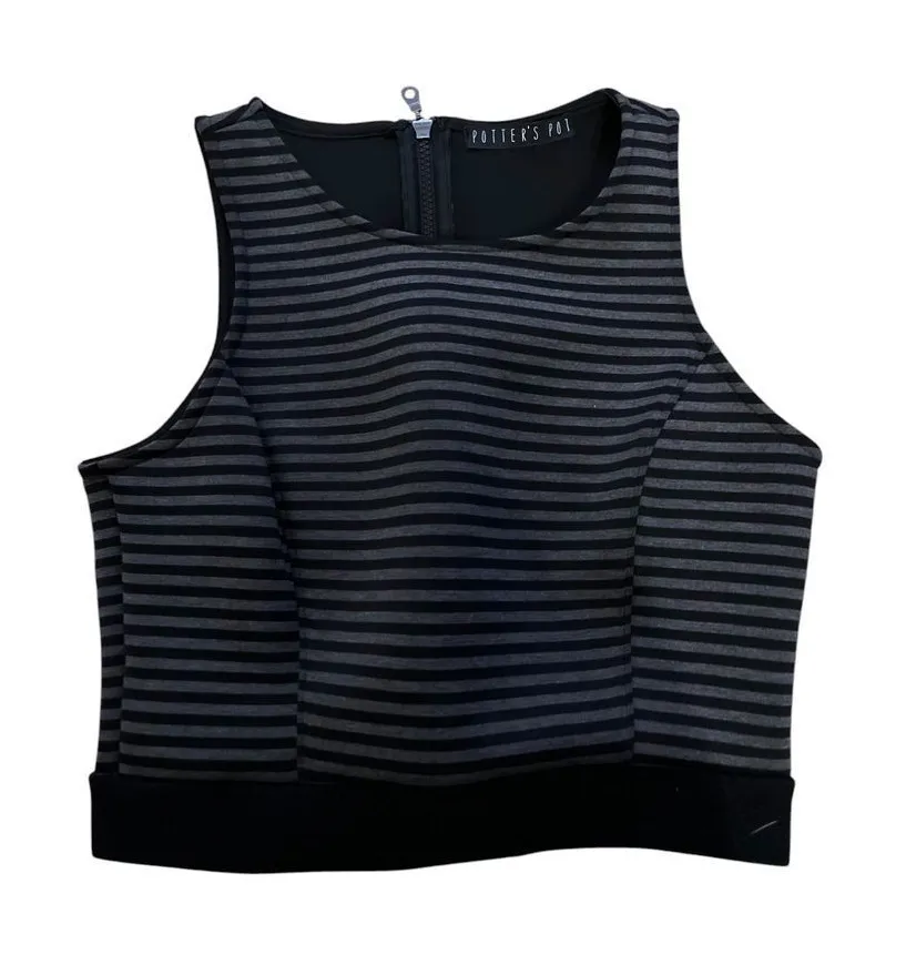 Potter's Pot Striped Crop Top Sleeveless Black & Gray Modern Casual Tank - Image 1