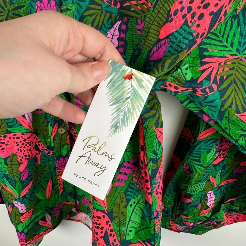 NWT Palms Away Red Dress Linen Blend Button Up Shirt Sz L Leopard Tropical Green Size L - Image 7