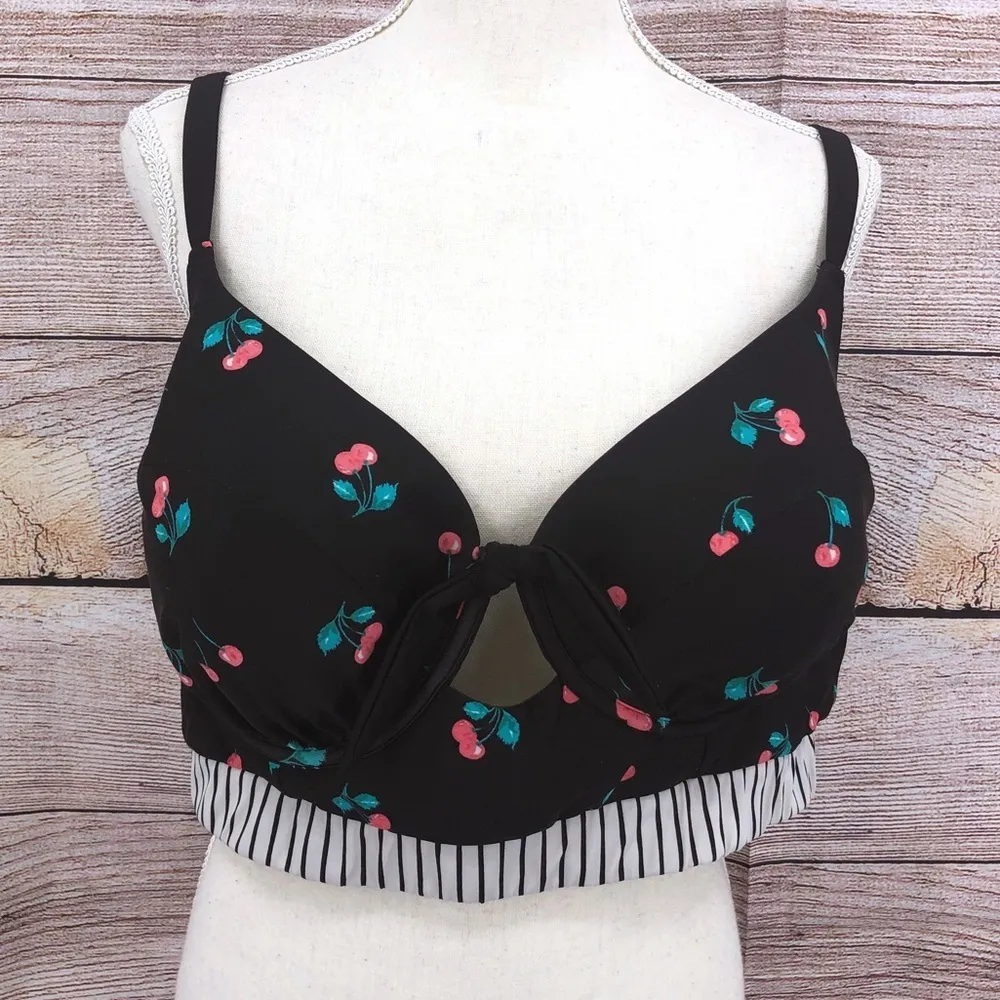 Swim By Cacique Black and Red Bikini Top Cherry Print Size 44DD - Image 10
