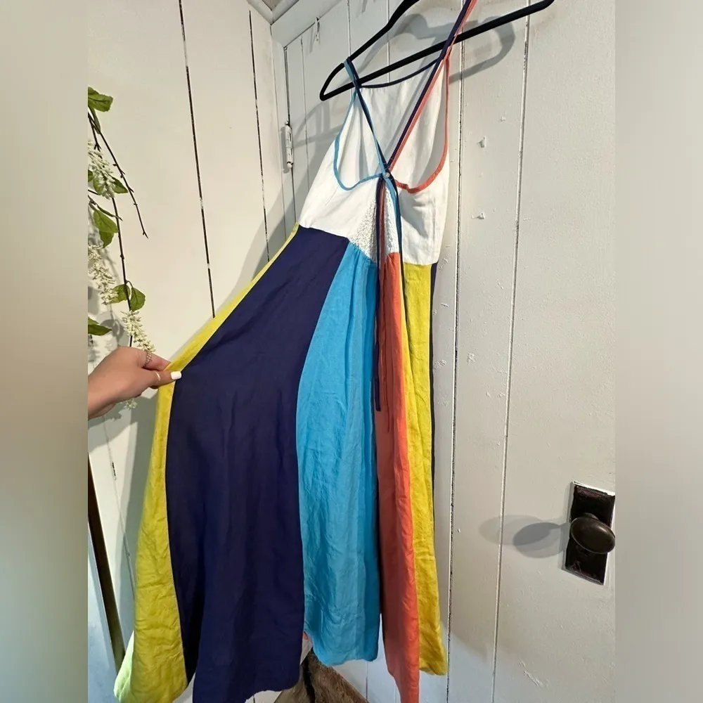 ANTHROPOLOGIE halter midi dress with white blue orange yellow stripes - Image 6