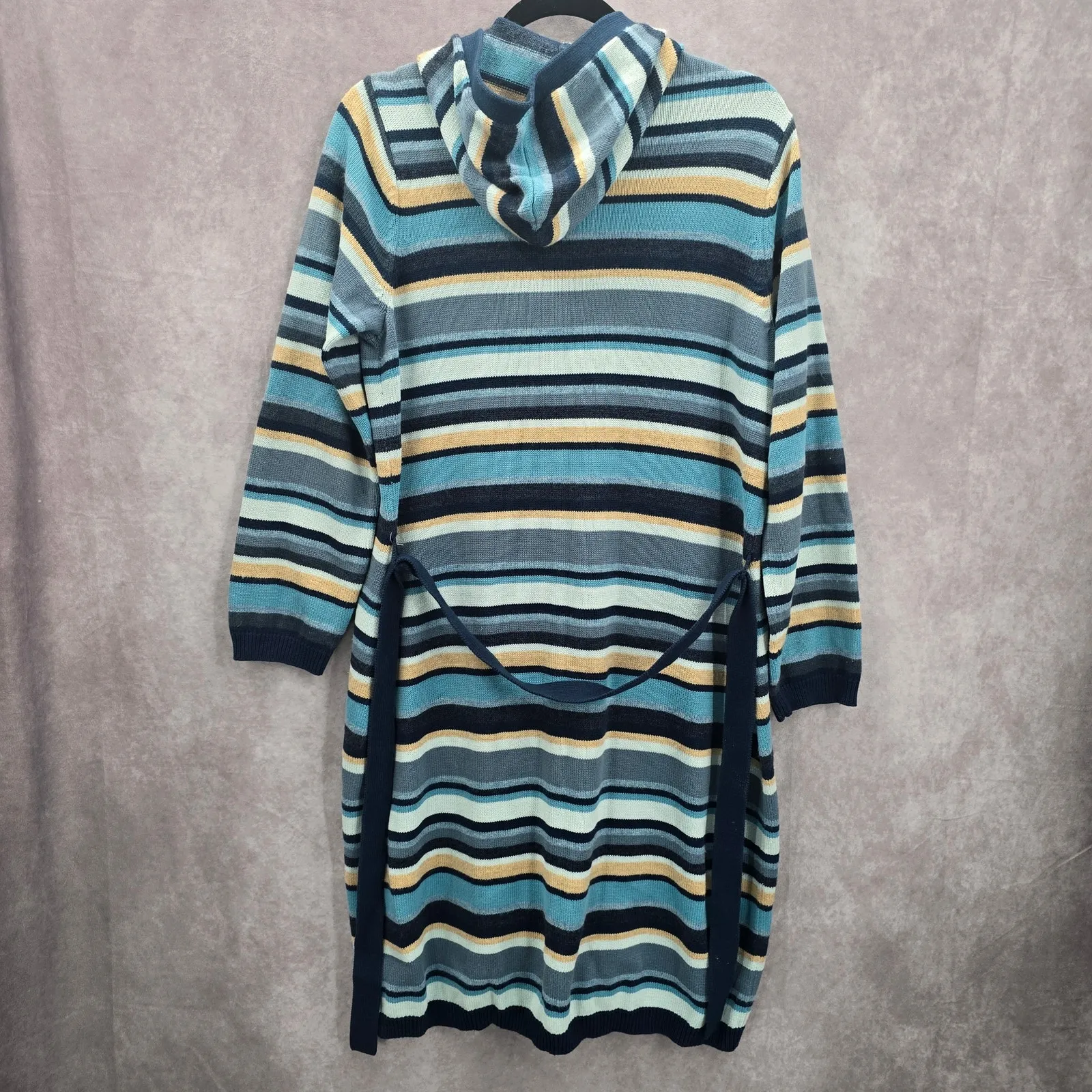 Liz Claiborne Blue Stripe Button Hoodie Knit Long Sweater‎ Cardigan Small - Image 2