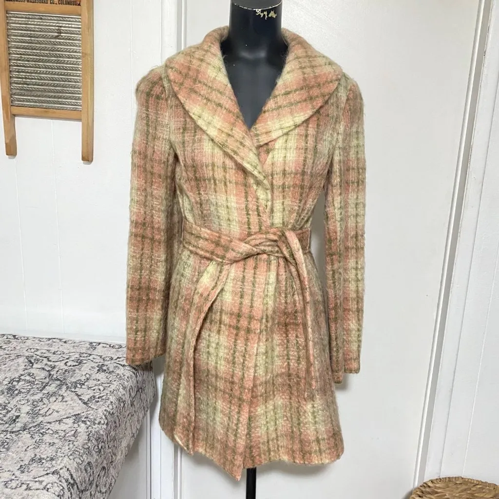 Unbranded Plaid Wool Coat in Cream Pink Olive Size Medium - Image 2
