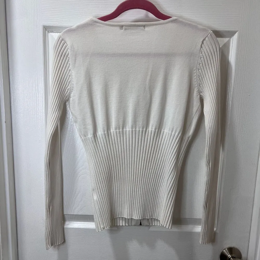 Bellini Ribbed Form Fitting White Cardigan‎ with Gold Accents - Image 2