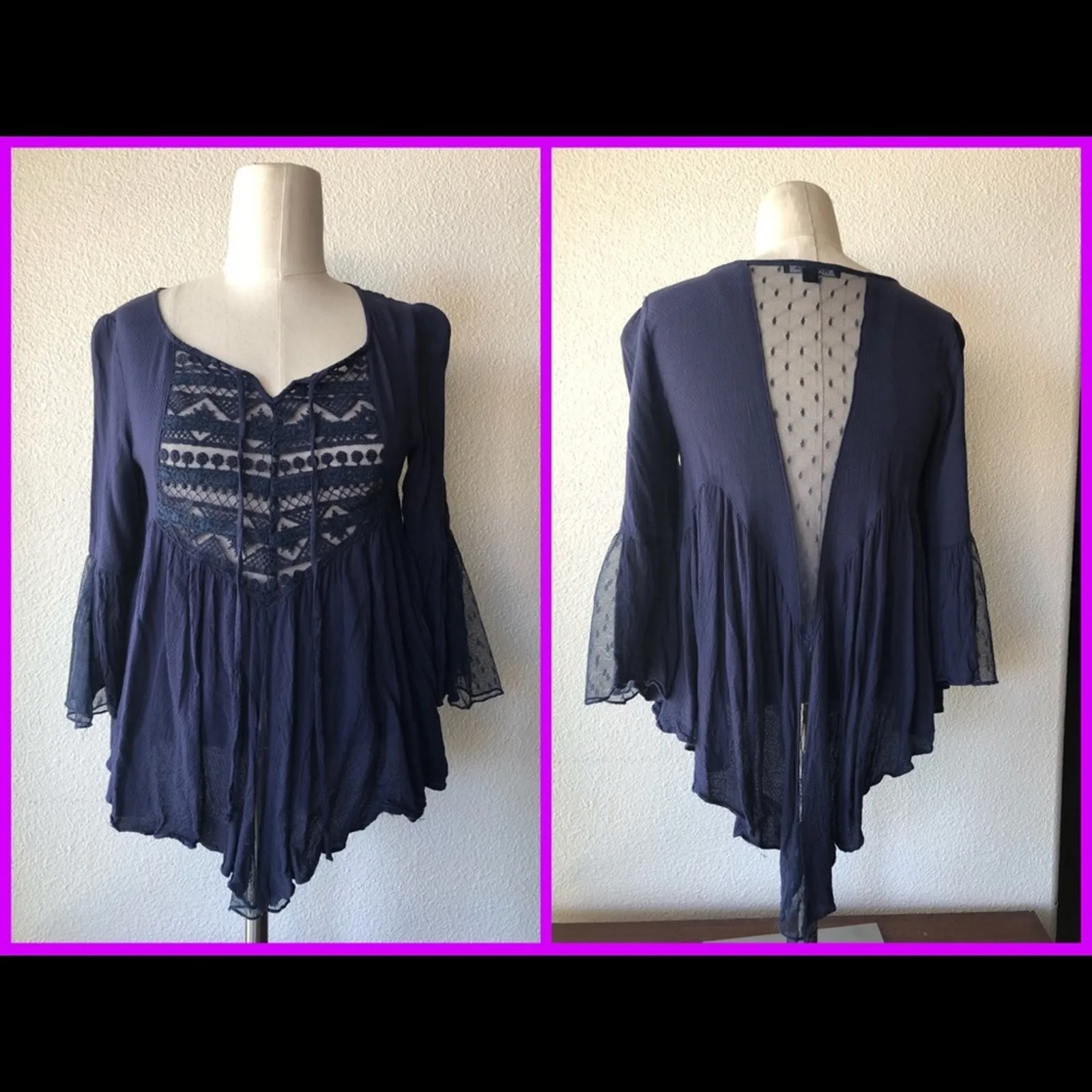 WAPI Boho chic top flare sleeve lace back accent hippie western festival size XS Blue - Image 2