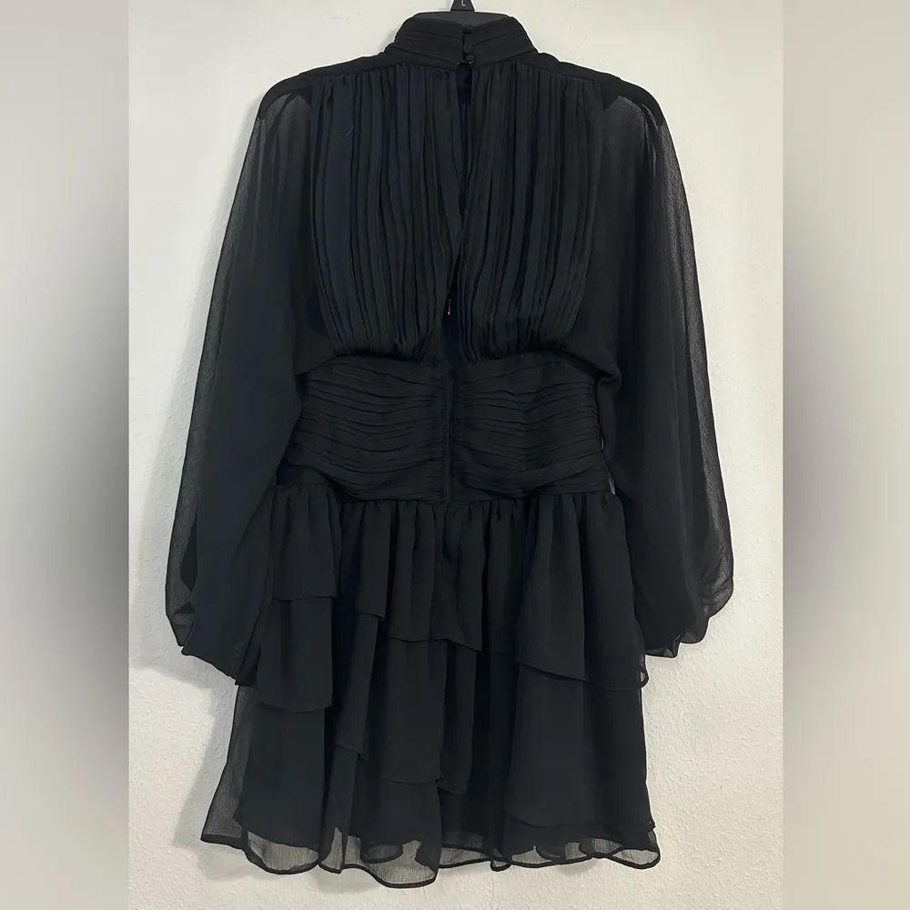 NWT Express Black Mock Neck Long Sleeve Pleated Waist Tiered Ruffle Mini  Dress - Image 4