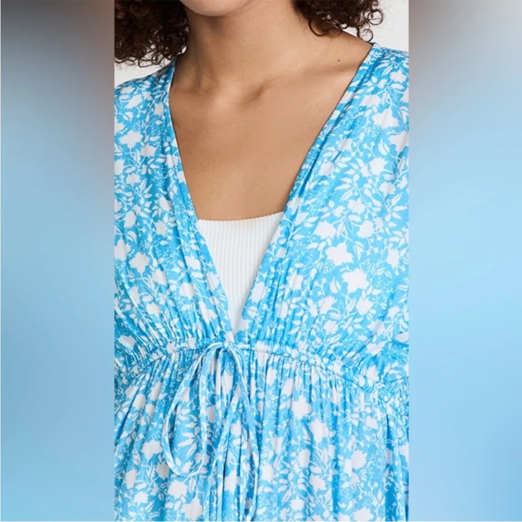 Playa Lucila Blue White Floral Long Sleeve Empire Tie Waist Open Duster Cover S - Image 5