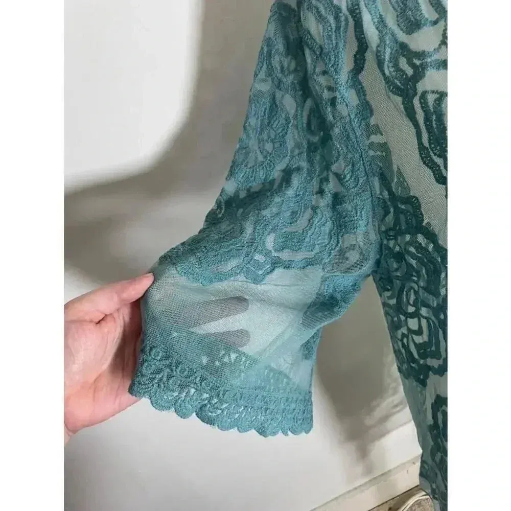 Women's Favlux Turquoise Lace Kimono Cardigan Duster‎ Size M GUC! 0155 - Image 5