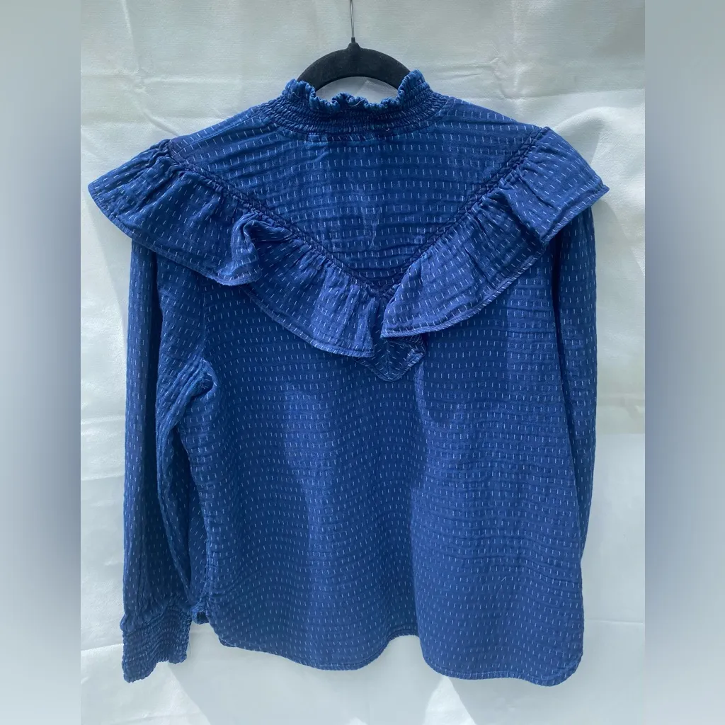 LOFT Dobby Blue Ruffled Cuffed Sleeve Blouse Size L - Image 6