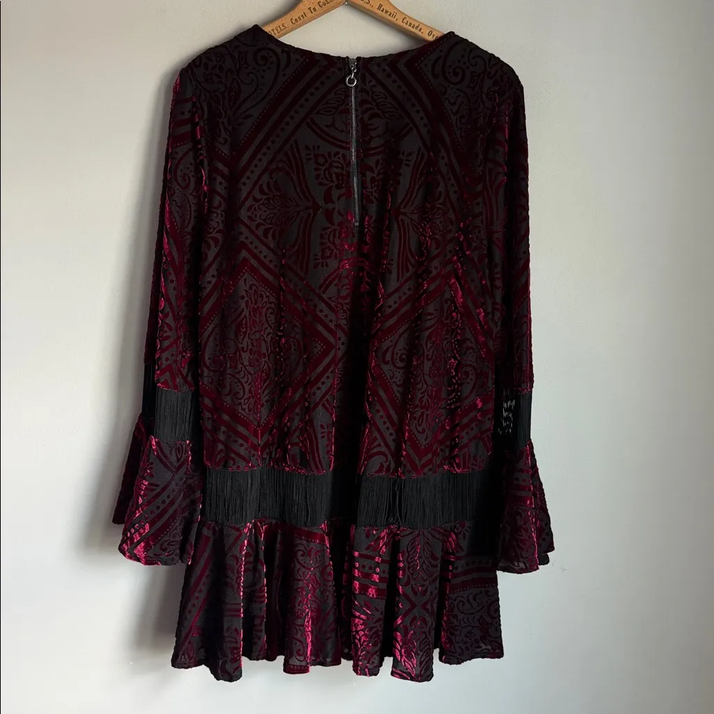 IC by Connie K Boho Velvet Burnout Bell Sleeve Tunic top – Burgundy & Black XL Red - Image 2