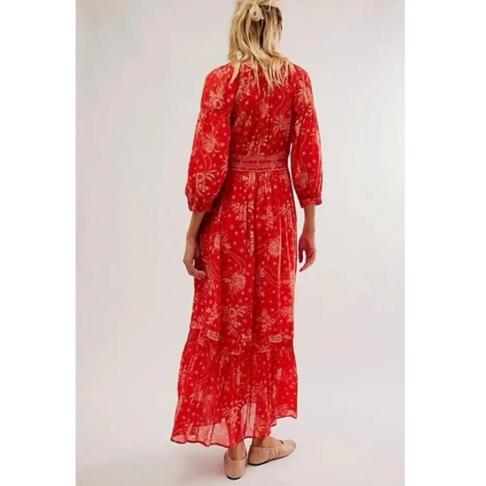 Free People Golden Hour Maxi Dress Cherry Red XS Bohemian Spring Floral 70s - Image 11
