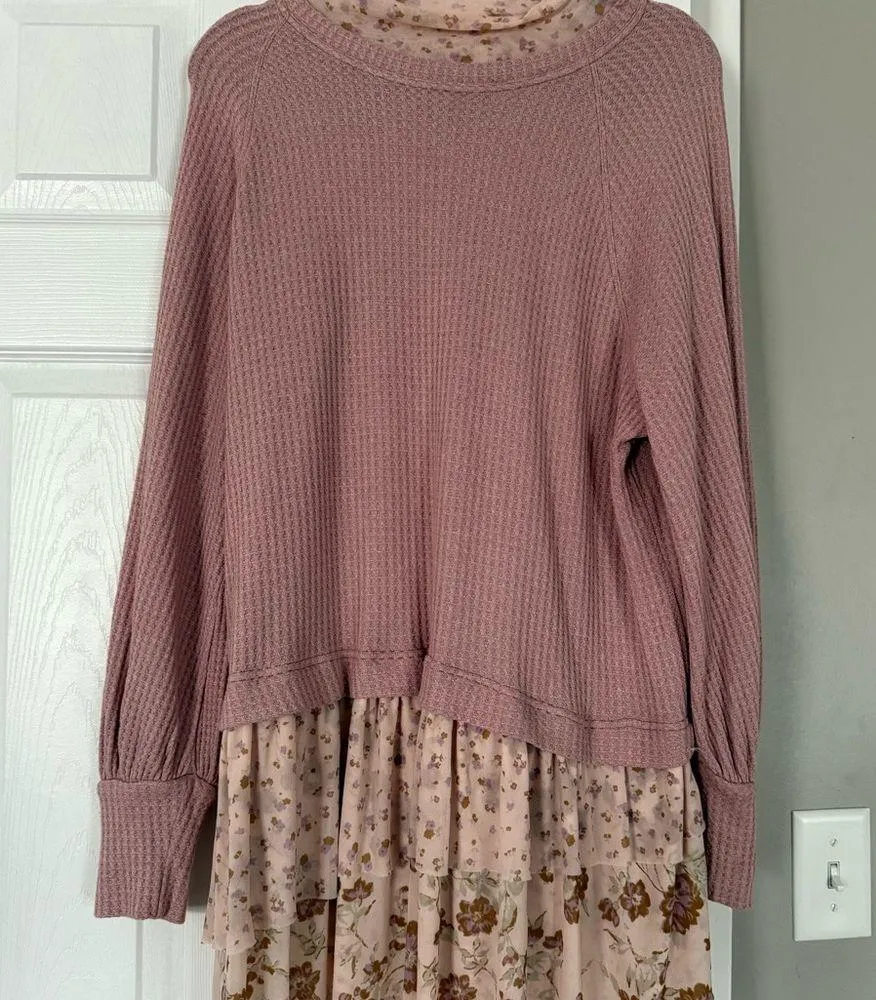 FREE PEOPLE Textured Mixed Media Sweater Dress Floral Hem Layered Bohemian Boho - Image 2