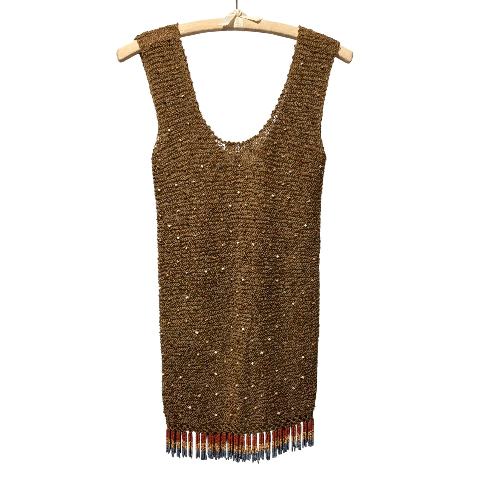Vicky Moreinis Brown Knit Beaded Swimwear Cover up Dress Beaded Fringe Stretch - Image 6