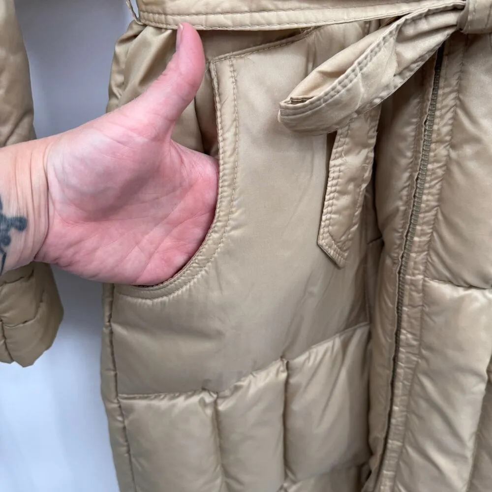 Vintage Down & Feather Outerwear Jacket Womens Large Tan Quilted Nylon Hood Belt Brown - Image 4