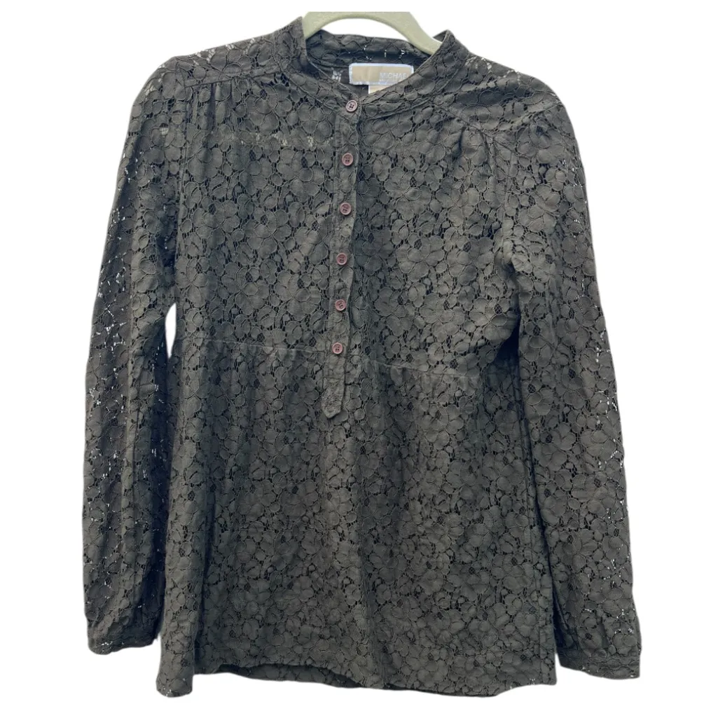 Michael Michael Kors Women's Small Brown Lace‎ Long Sleeve Half Button Blouse - Image 3