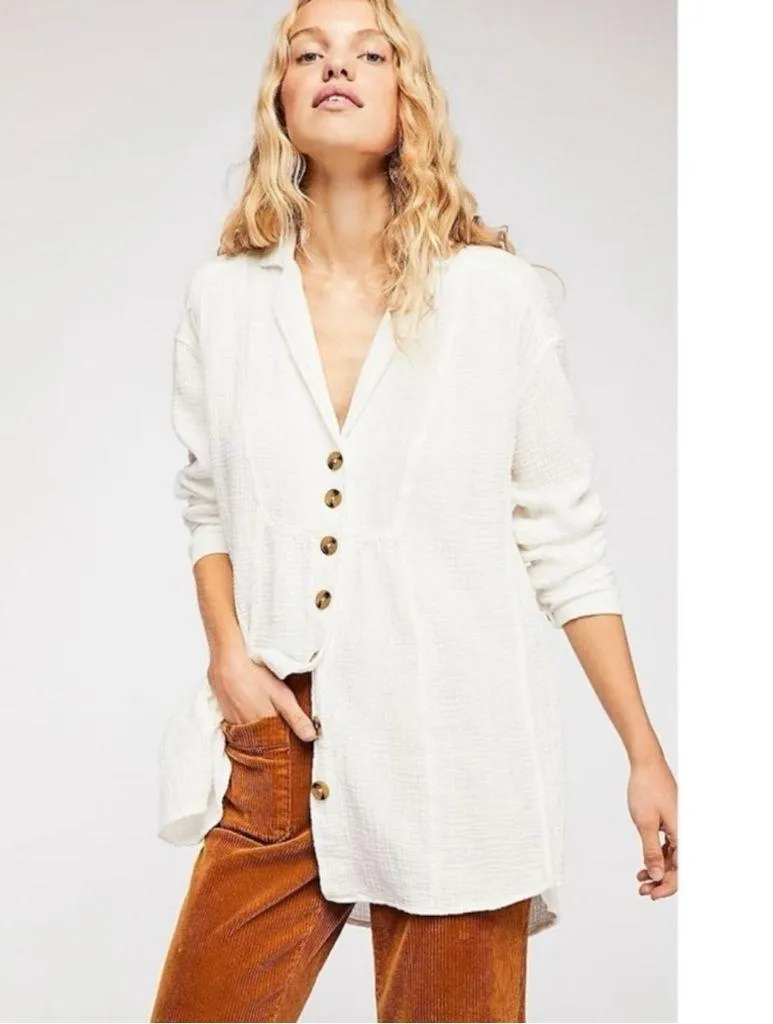 Free People Large Bohemian All About The Feels Gauze Button Down Shirt Ivory - Image 2