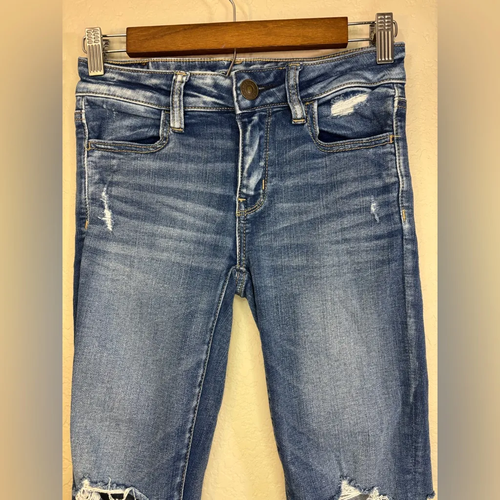 American Eagle Outfitters Distressed Ripped Blue Skinny Jeans Size 0 - Image 3