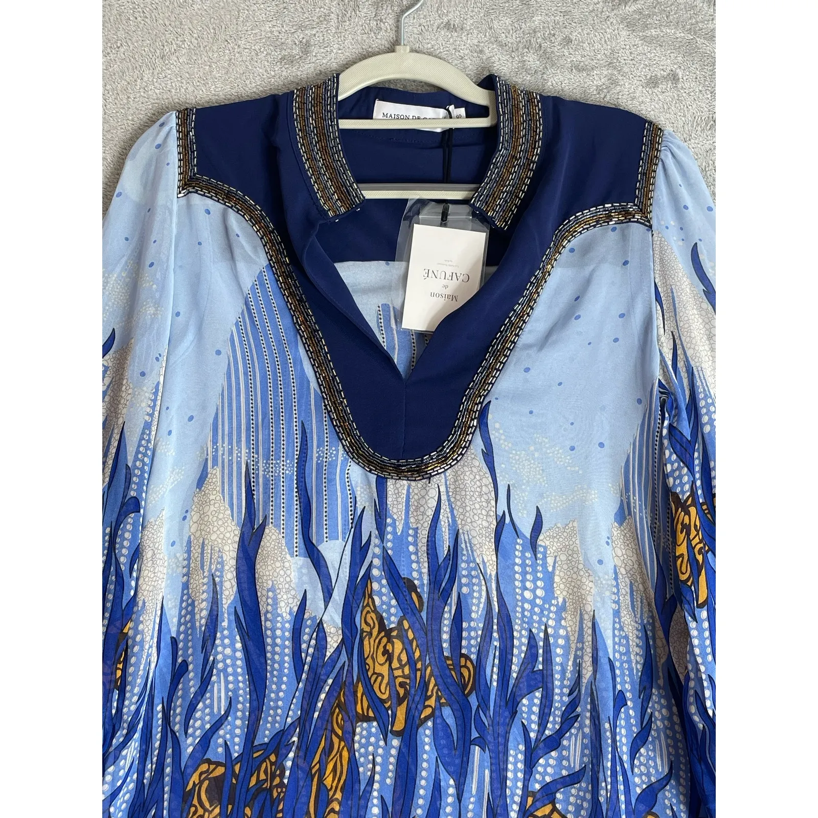 Maison de Cafune Blouse Small Blue Sea Beaded Regency Office Luxury Boho NWT - Image 2