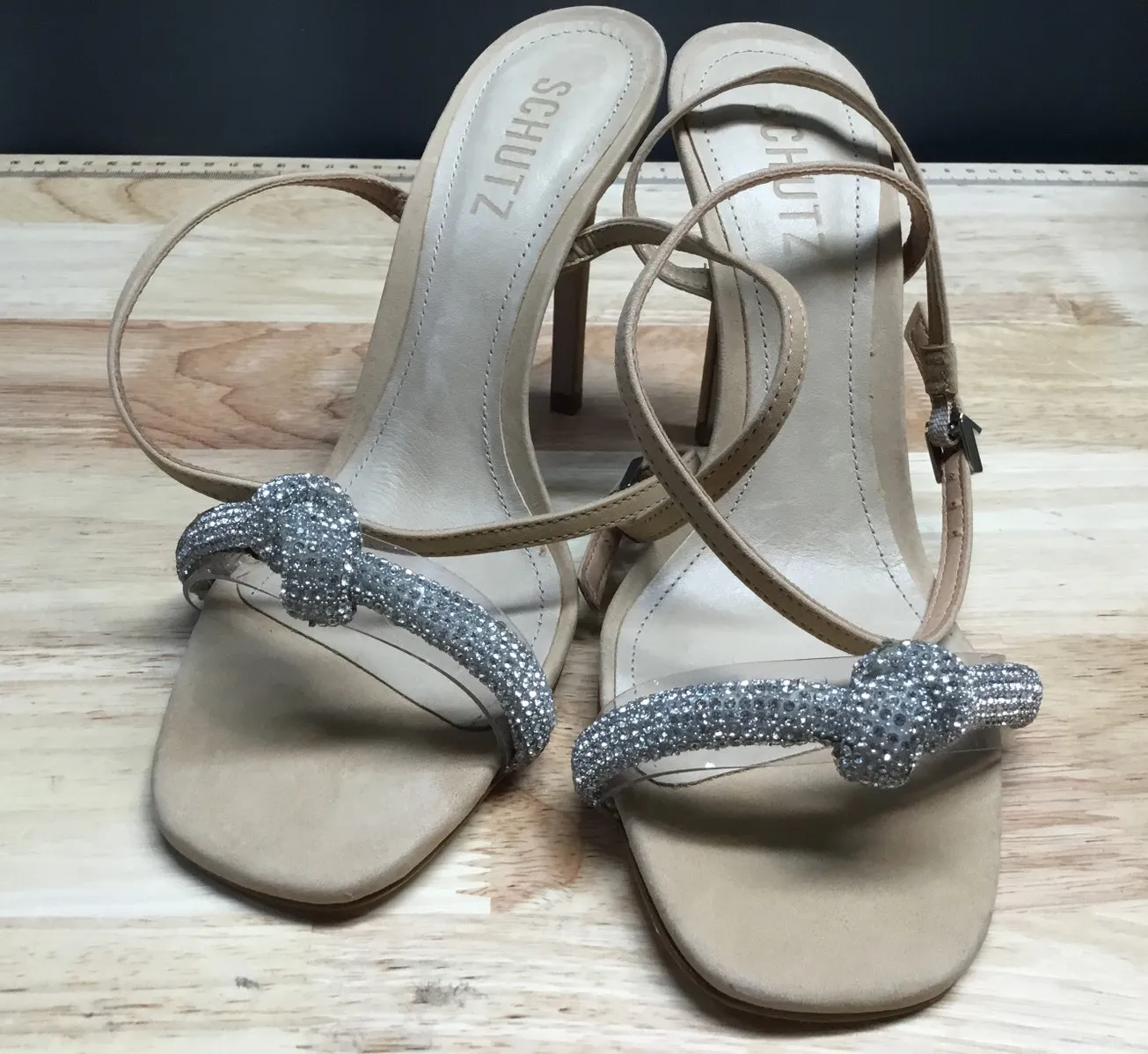 Schutz Peaky High Heel Sandals Women's 7.5 Light Beige Nubuck Embellished Bow - Image 1