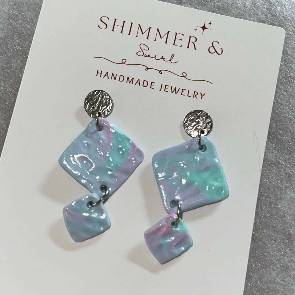 Handmade Polymer Clay Dangle Earrings‎ Pastel Pink Blue Silver - Image 2