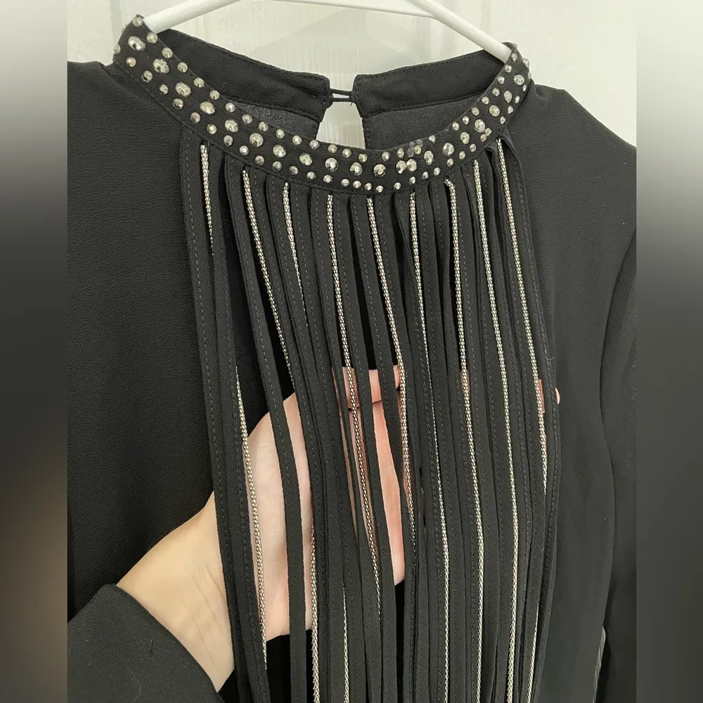 Black Rhinestone Beaded Fringe Front Split Sleeve Mini Dress Women’s Size S - Image 3