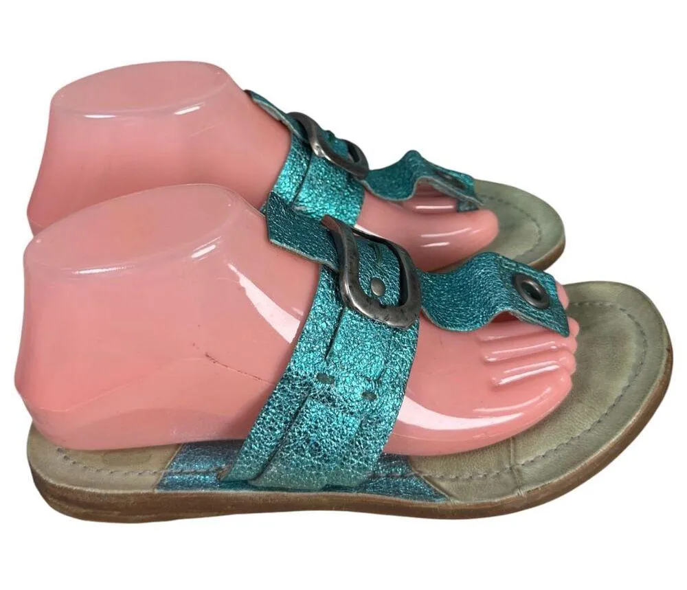 A.S. 98 Teal Blue Leather Embossed Silver Flip Flop Thong Sandals EU 38 US 7.5 - Image 6