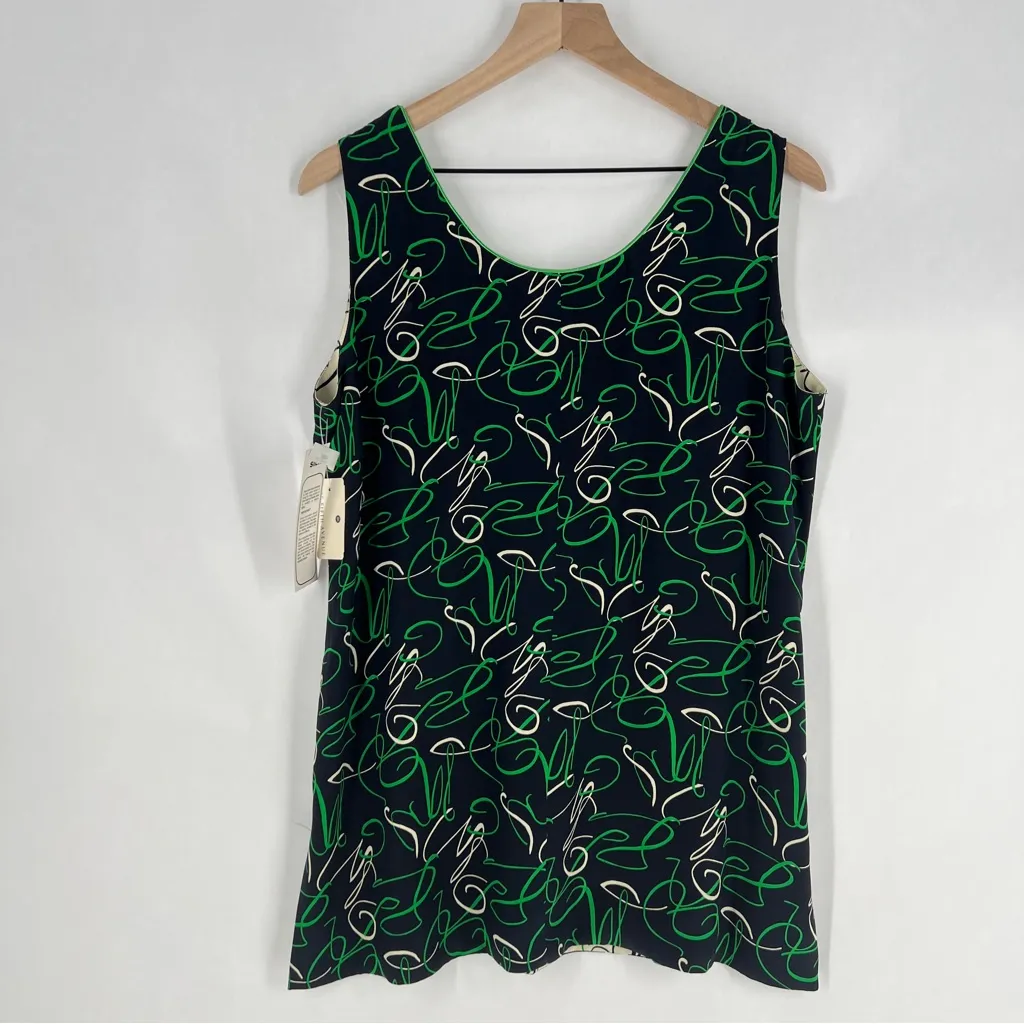 Peter Nygard Silk Green Navy Sleeveless Scribble Printed Women's Tank Top 12 - Image 7