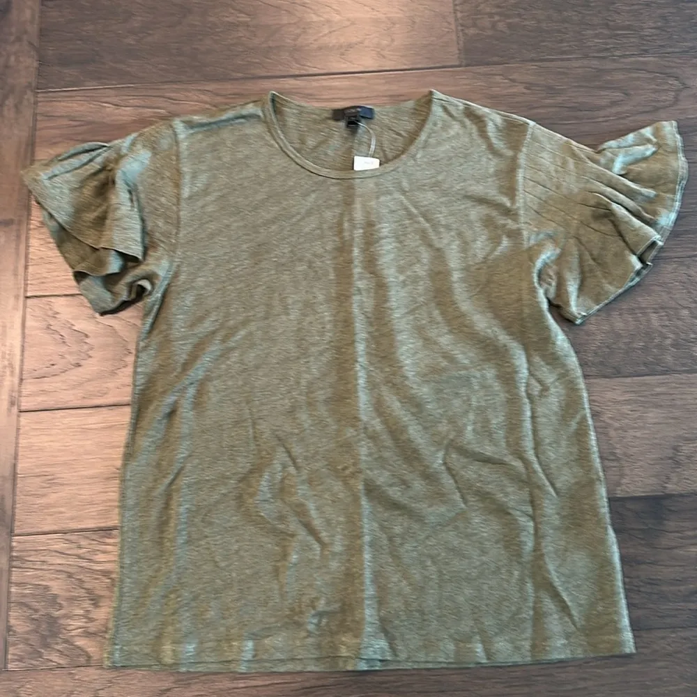 NWT JCrew Olive Linen Flutter Sleeve Tee Sz M - Image 5