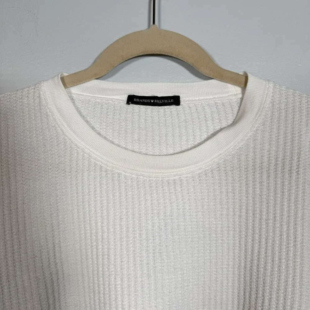 Brandy Melville White Oversized Waffle Knit Crop Top Made in Italy 100% Cotton - Image 3