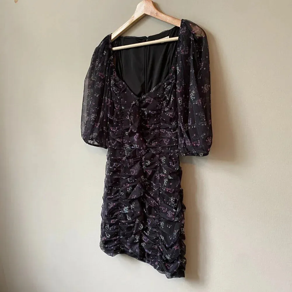 Et Clet Women's Small Puff Sleeves Ruched Floral Print Mini Dress Black Party - Image 9