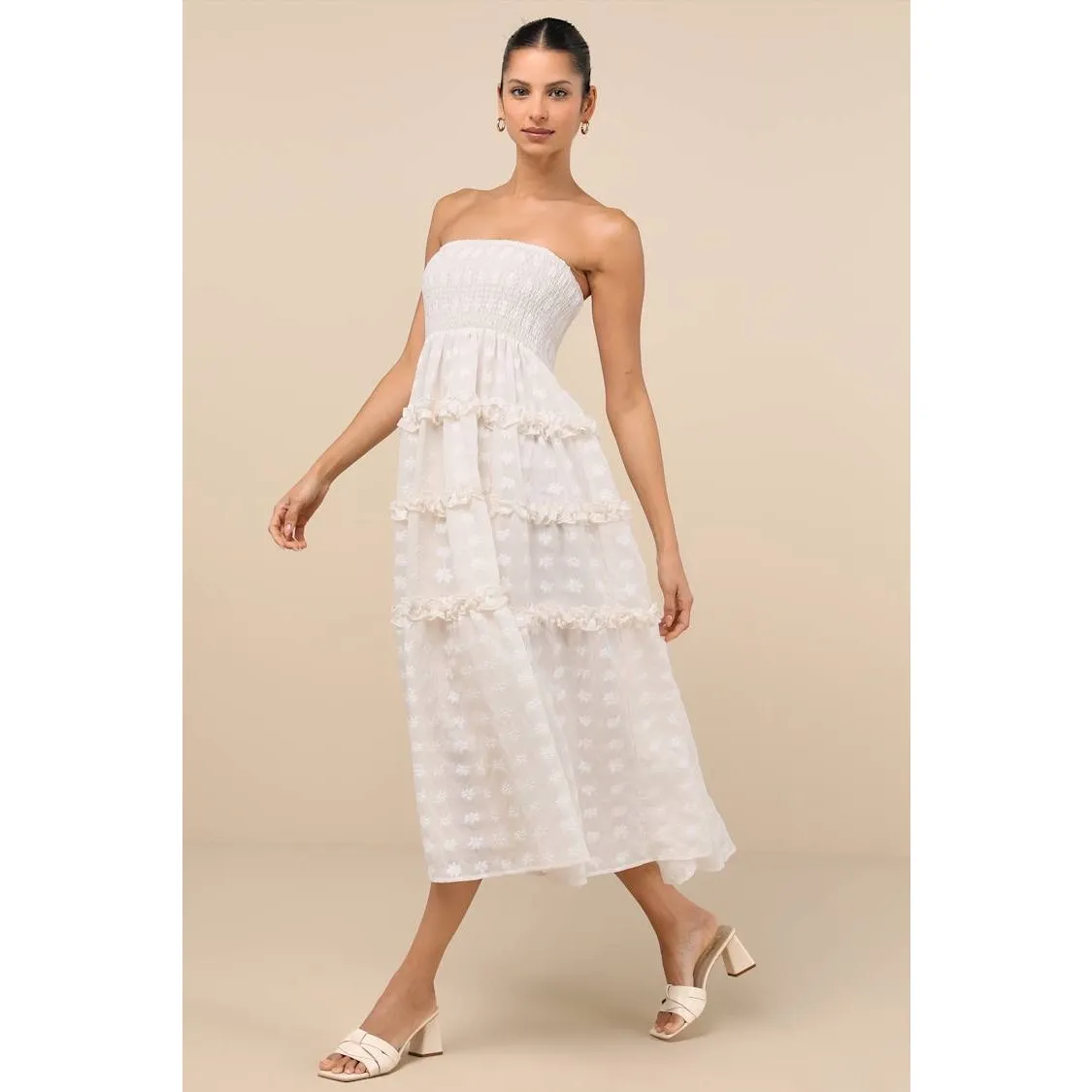 NWT Lulus Beautiful Sentiments Ivory Floral Strapless Tiered Midi Dress Size S - Image 7