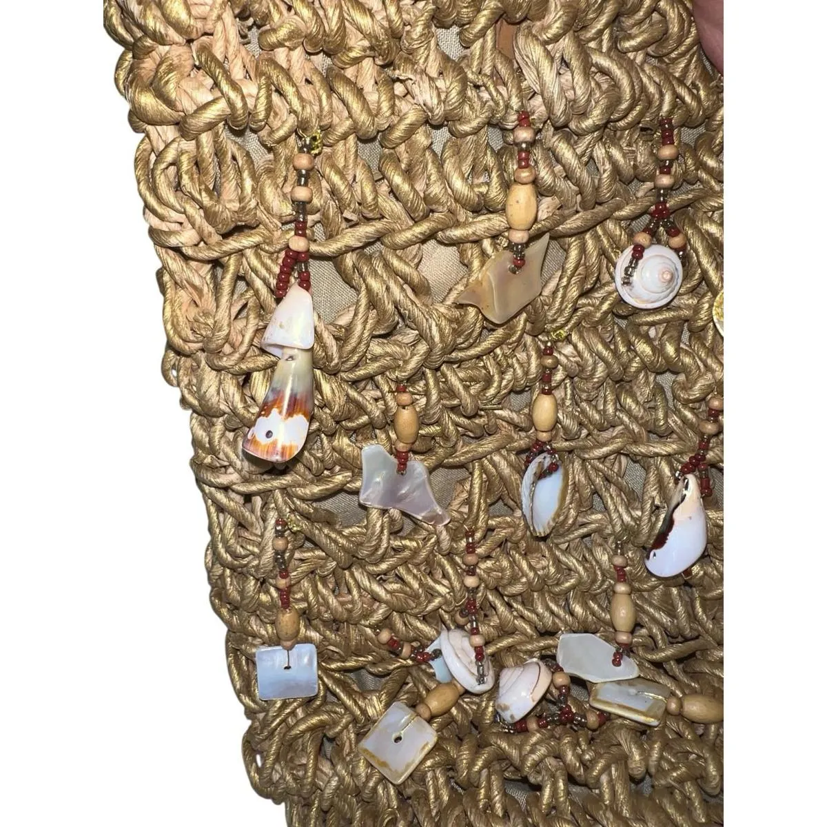 Cappelli Straworld Purse Bag Brown Straw Shell Embellishments 2 Handles Nautical Tan - Image 6