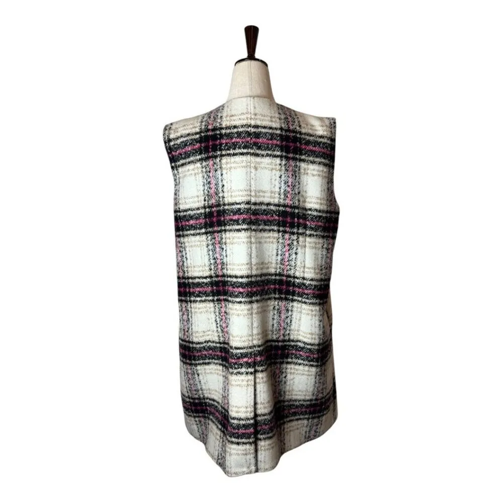 Thakoon Design Nation Vest Women Large Ivory Black Plaid Notch Lapel Open‎ Long - Image 3