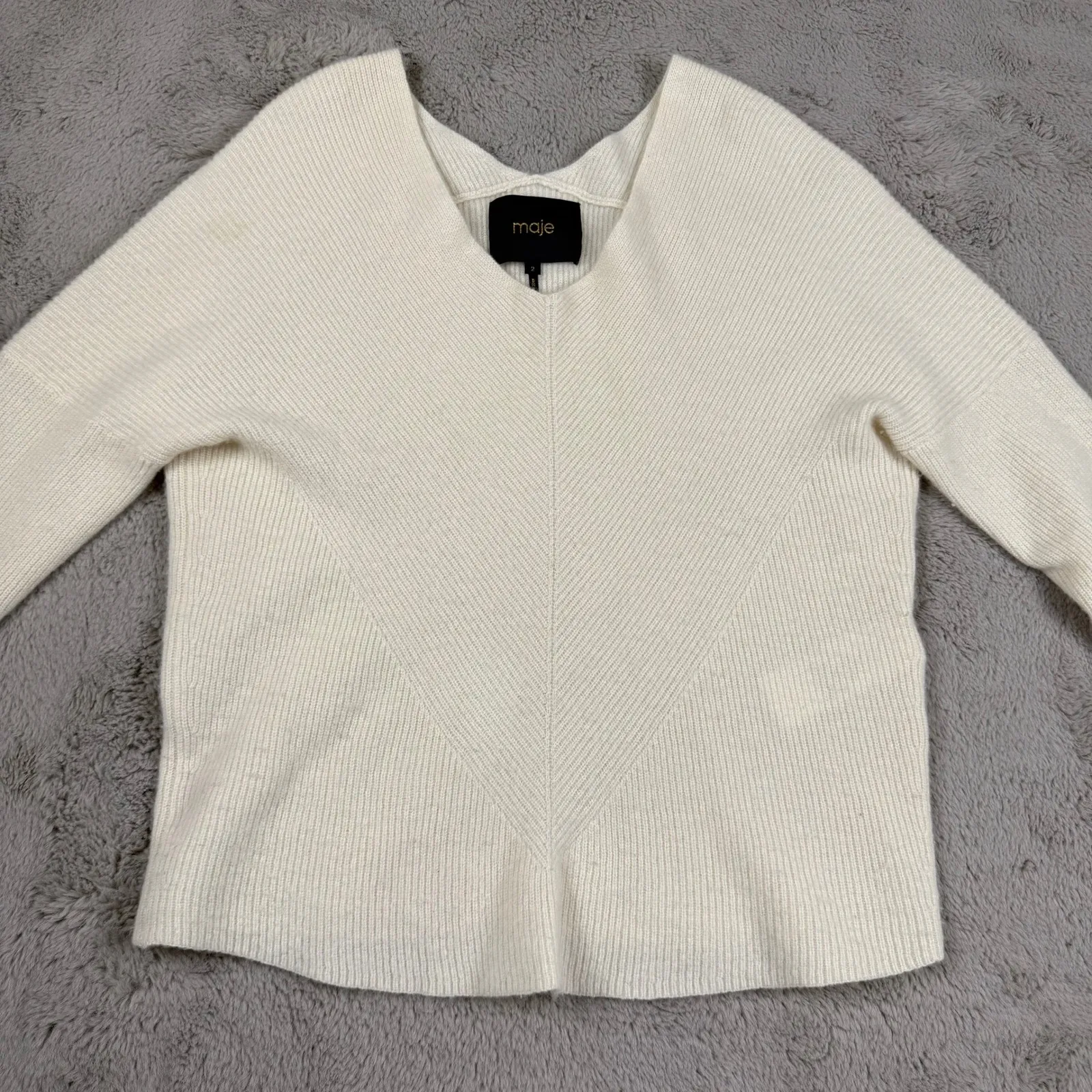 Maje Cashmere Sweater V-Neck‎ Ribbed Jumper Knit Pullover Cream Size M Designer - Image 10