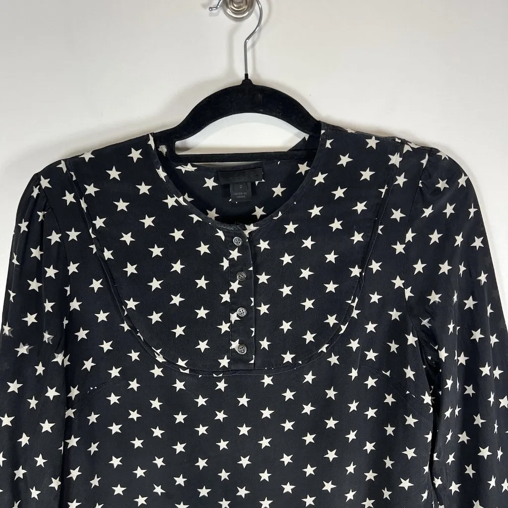 J.Crew Collection 100% Silk Black‎ Star Print Ruffle Trim Long Sleeve Dress Sz 2 Black - Image 2