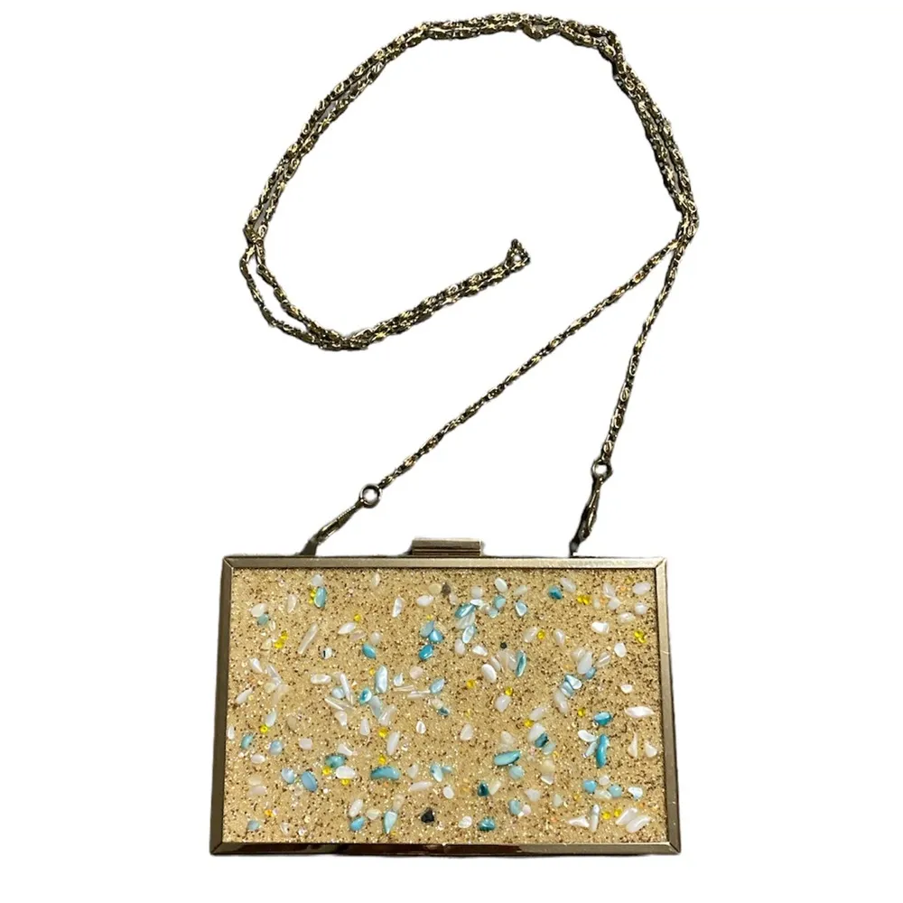 Gold Glitter Stone Clutch Evening Box Handbag Shoulder Handbag - Image 2