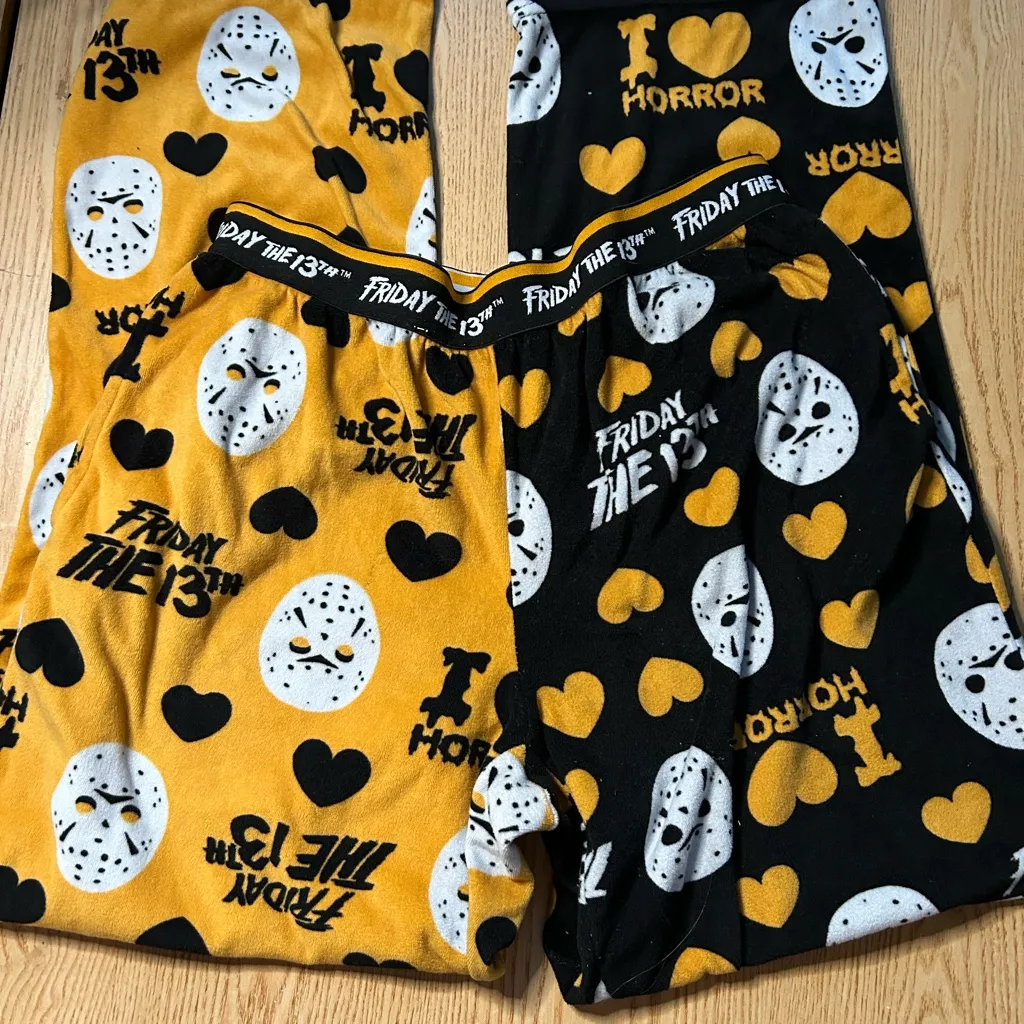 Friday the 13th 💀Women's Fleece Pajama Pants Black & Orange size Medium 8 - Image 2