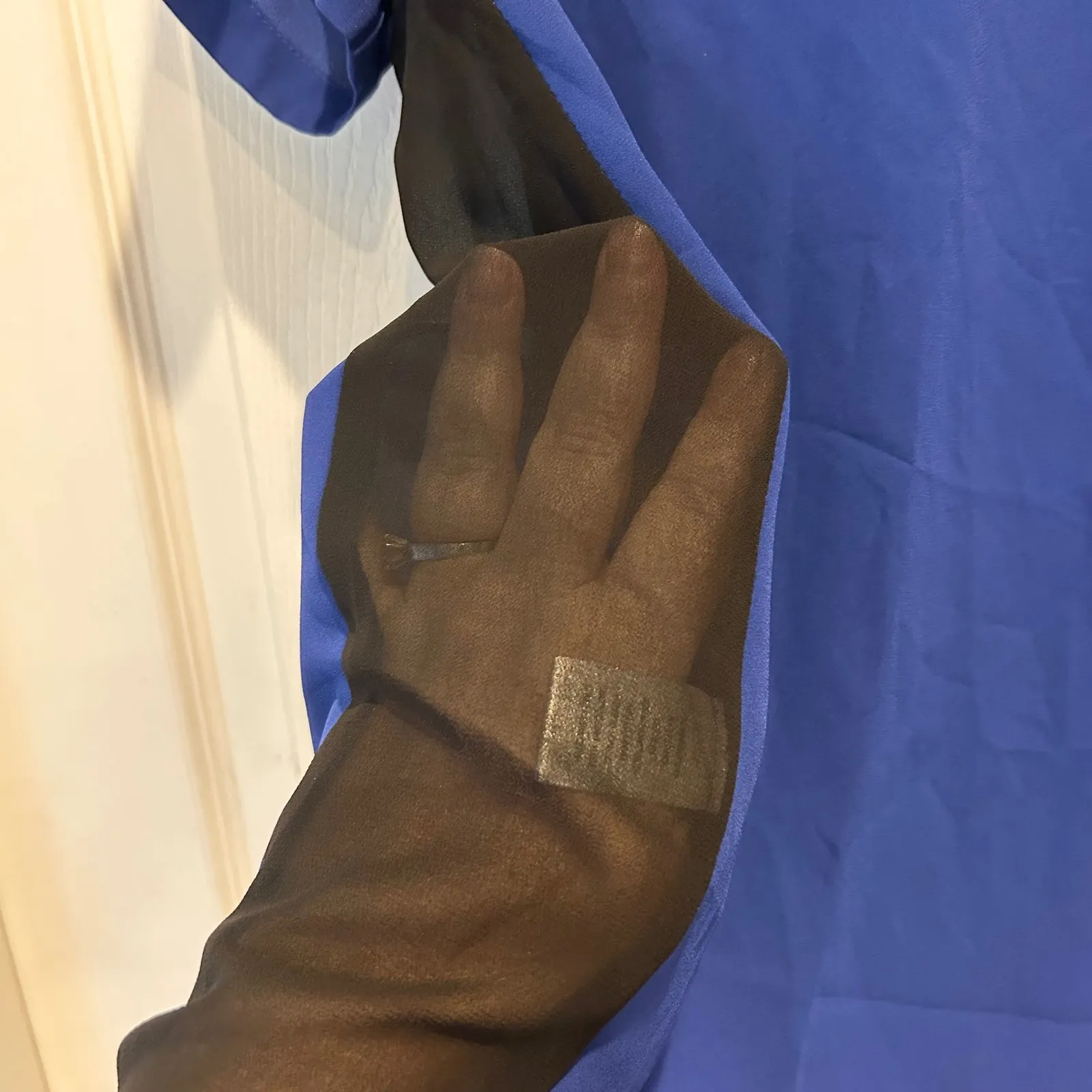 Daniel Rainn Royal Blue Black Mesh Panel Sheer Sleeve Keyhole Button Top Size S - Image 5