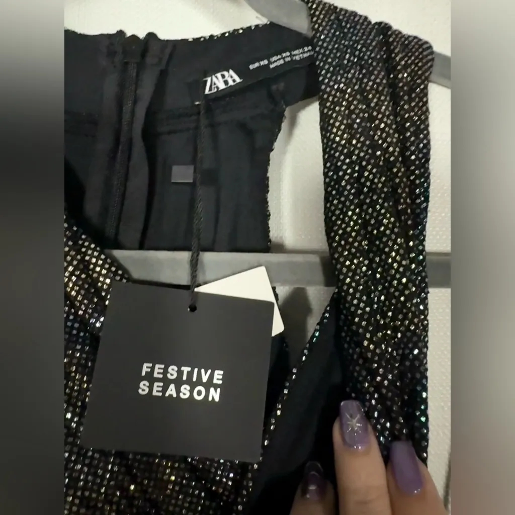 Zara Black Rainbow Metallic Cross Neck Halter Ruched Mini Dress XS - Image 9