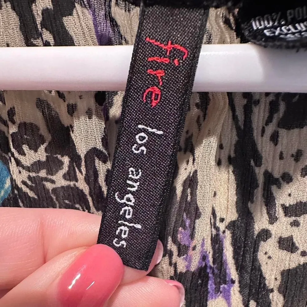 Fire LA Brown Black Blue‎ Animal Print Ruffle Tie Blouse Sz Medium Y2K - Image 3