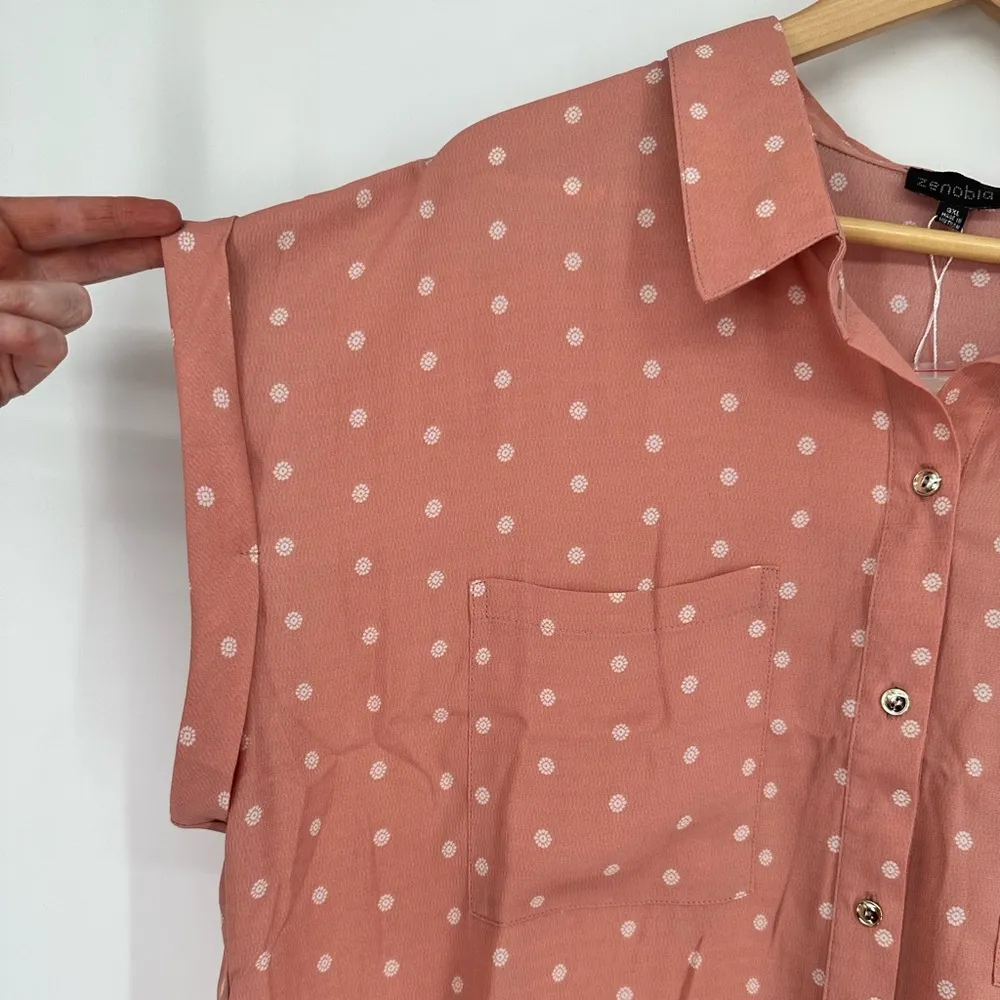 Zenobia Peach Mini Floral Print Button Down Blouse size 3X Collared Pockets NWT - Image 3