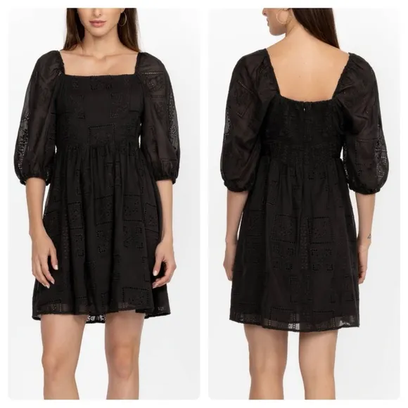 Johnny Was Ella Mini Dress Black Guipure Lace Puff Sleeve - Image 2